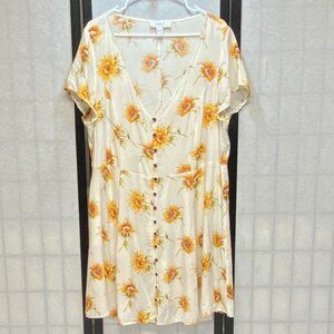 Forever 21 Cap Sleeve Princess V Neck Button Up Mini Skater Dress Sunflowers 1X